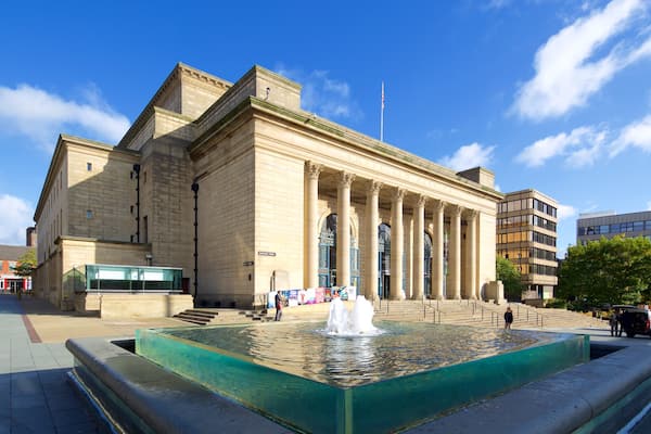 Sheffield City Hall which includes theatre scenes, a fountain and heritage architecture