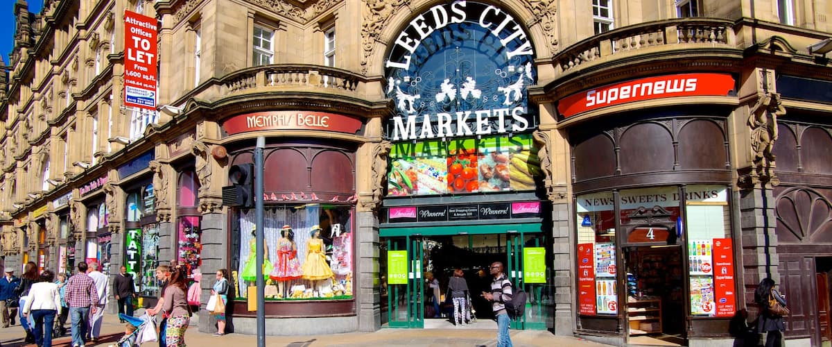 Leeds featuring heritage elements, signage and markets