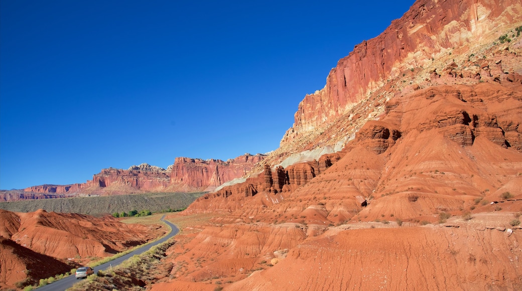 Parc national de Capitol Reef qui includes paysages paisibles, une gorge ou un canyon et vues du désert