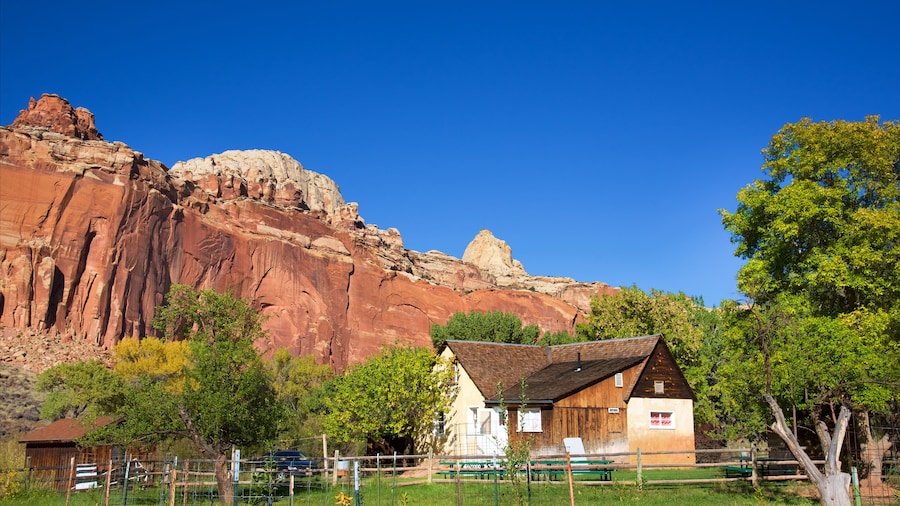 Capitol Reef National Park which includes a house, desert views and tranquil scenes