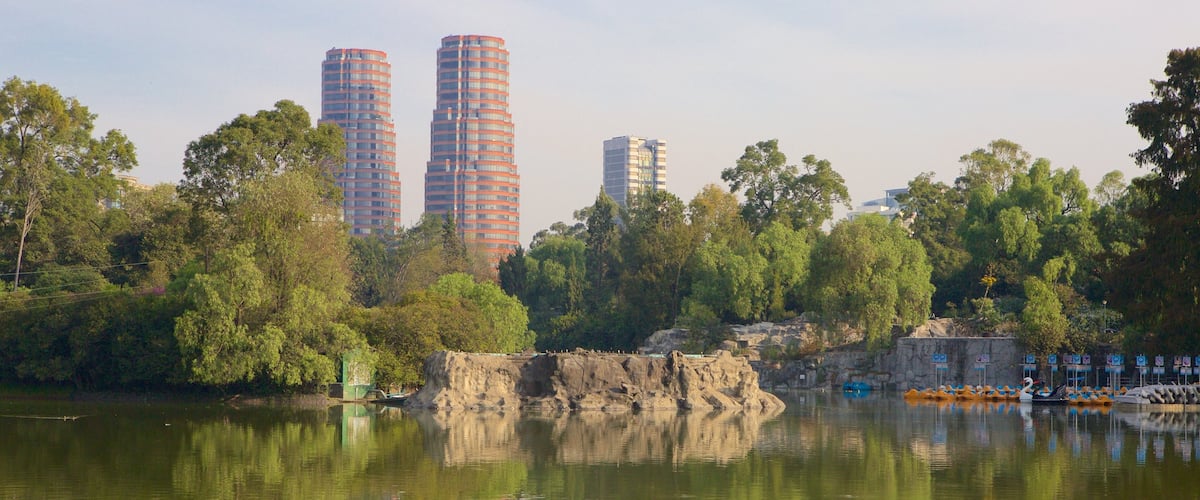 Chapultepec Park showing a garden, a skyscraper and a lake or waterhole