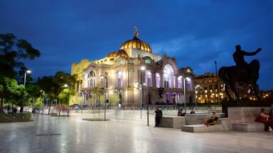 Palacio de Bellas Artes which includes heritage architecture, a garden and night scenes