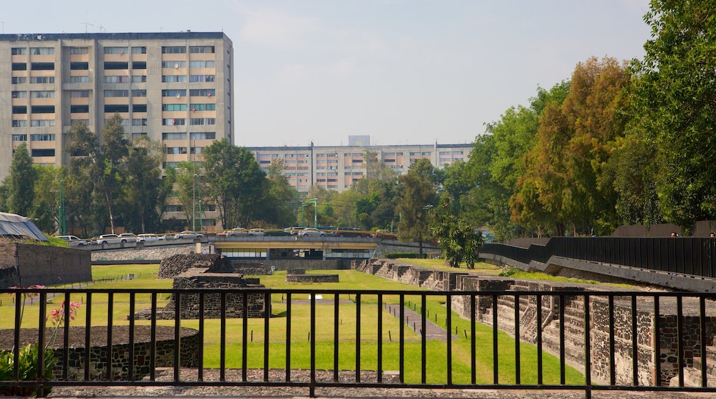 Plaza de las Tres Culturas mostrando un parque o plaza, cultura indígena y elementos del patrimonio