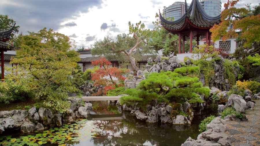 Serene pond and intricate pavilions at Dr. Sun Yat-Sen Classical Chinese Garden in Vancouver.
