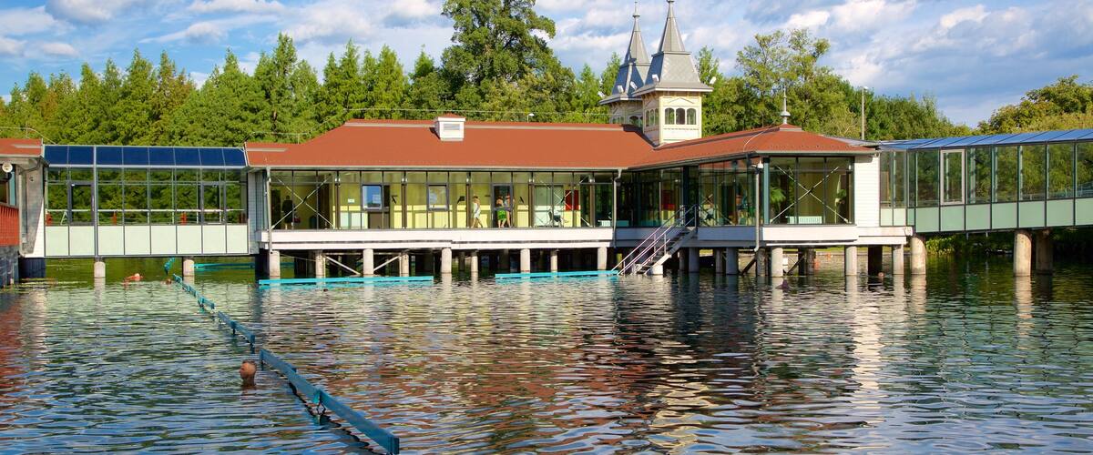 Hevizjärvi joka esittää luksushotelli tai lomakeskus ja järvi tai vesikuoppa