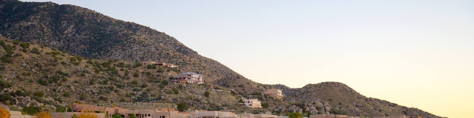 Salt Missions Trail which includes a sunset, a small town or village and landscape views