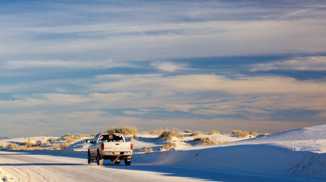 White Sands National Monument som visar fordonstur och öknar