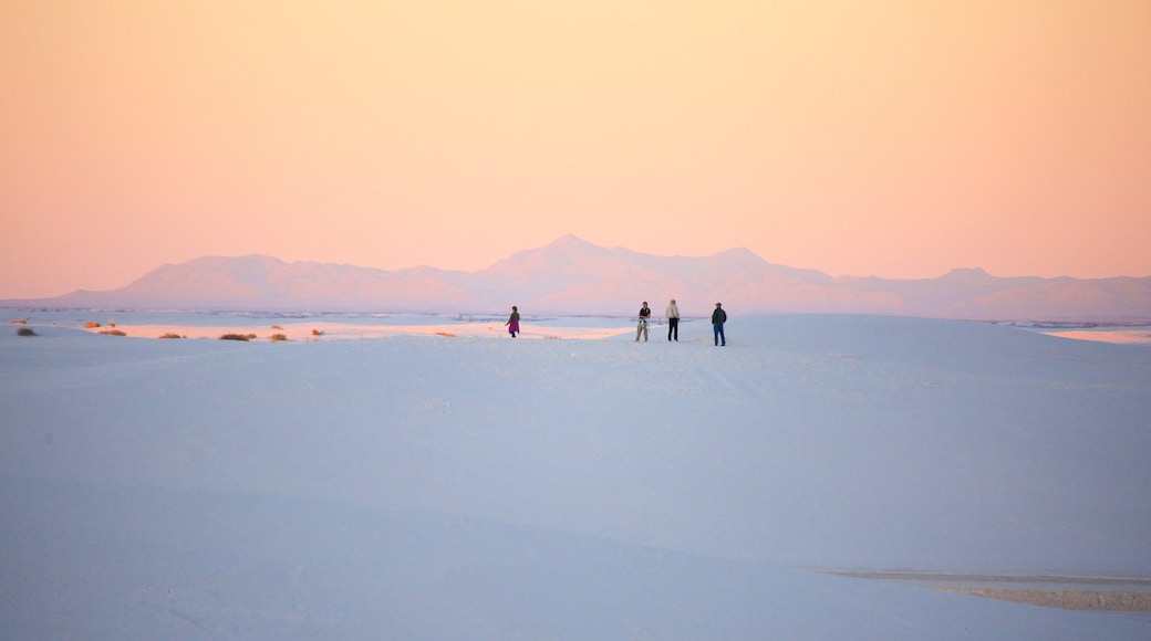 White Sands National Monument showing a sandy beach and a sunset