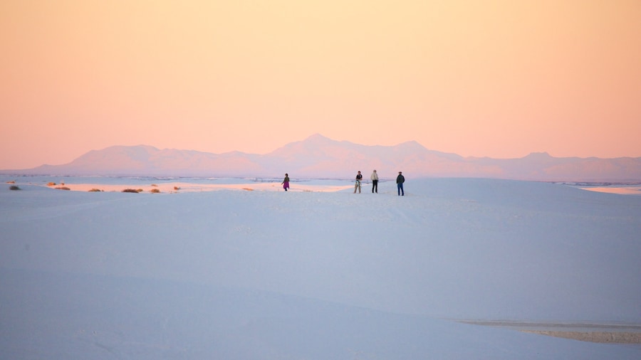 White Sands National Monument which includes a sunset and a sandy beach
