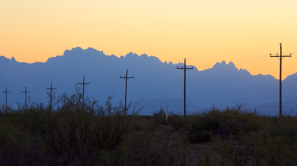 White Sands Missile Range showing farmland and a sunset