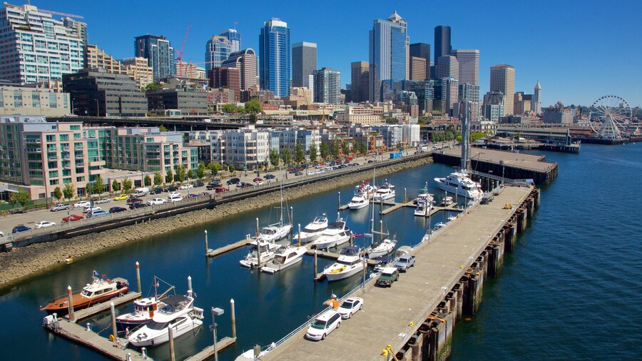 Seattle Waterfront with piers and city skyline in the background.