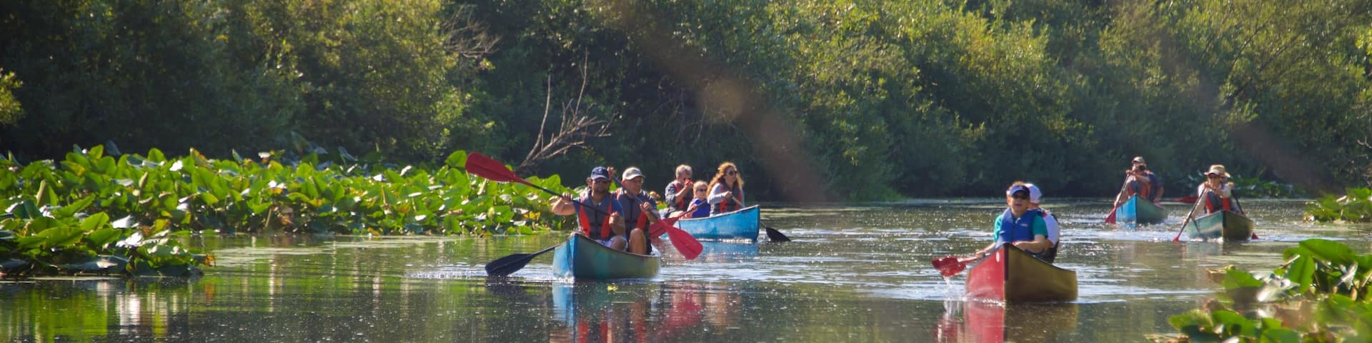 Mercer Slough Nature Park mit einem Kajak- oder Kanufahren und Fluss oder Bach sowie große Menschengruppe
