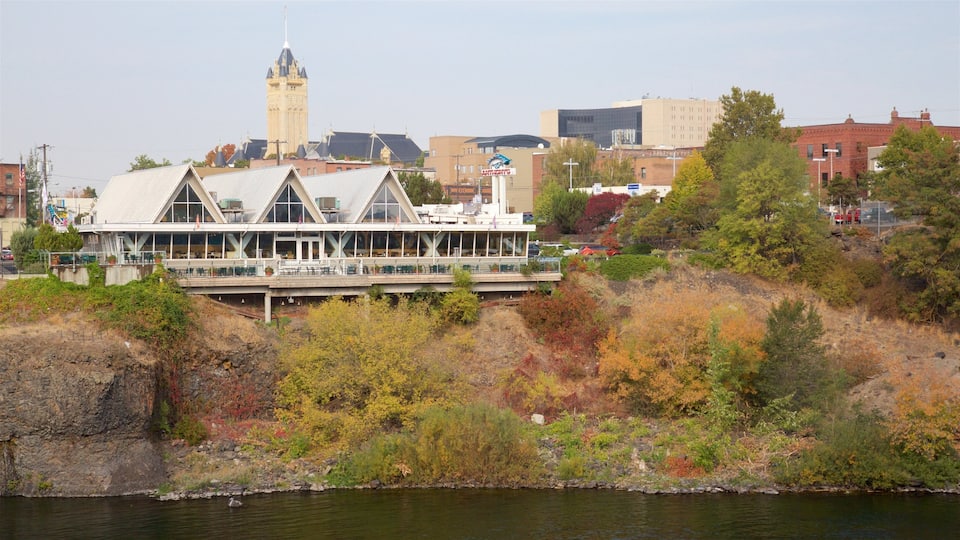 Riverfront Park showing autumn leaves, a river or creek and a city