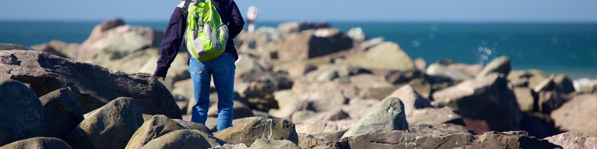 North Jetty featuring rocky coastline as well as an individual femail
