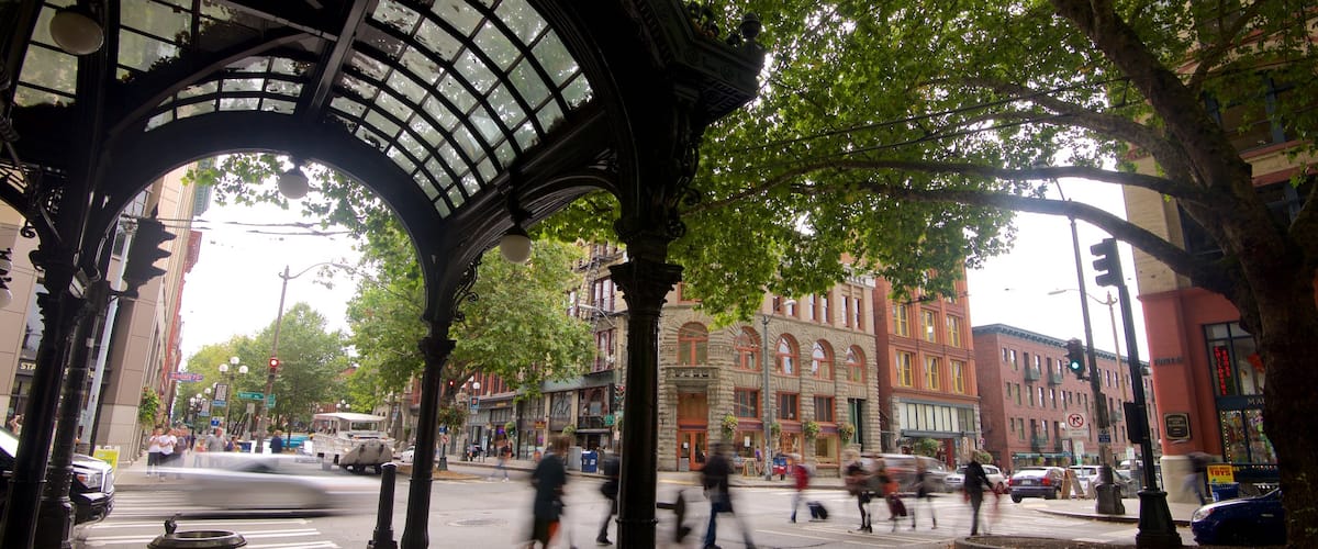 Pioneer Square showing central business district, heritage architecture and street scenes