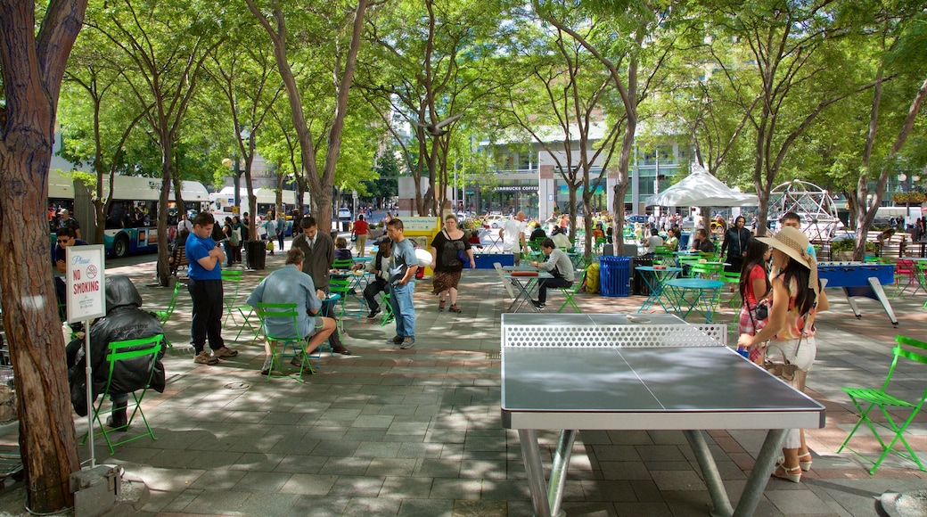 Westlake Center which includes a square or plaza as well as a small group of people