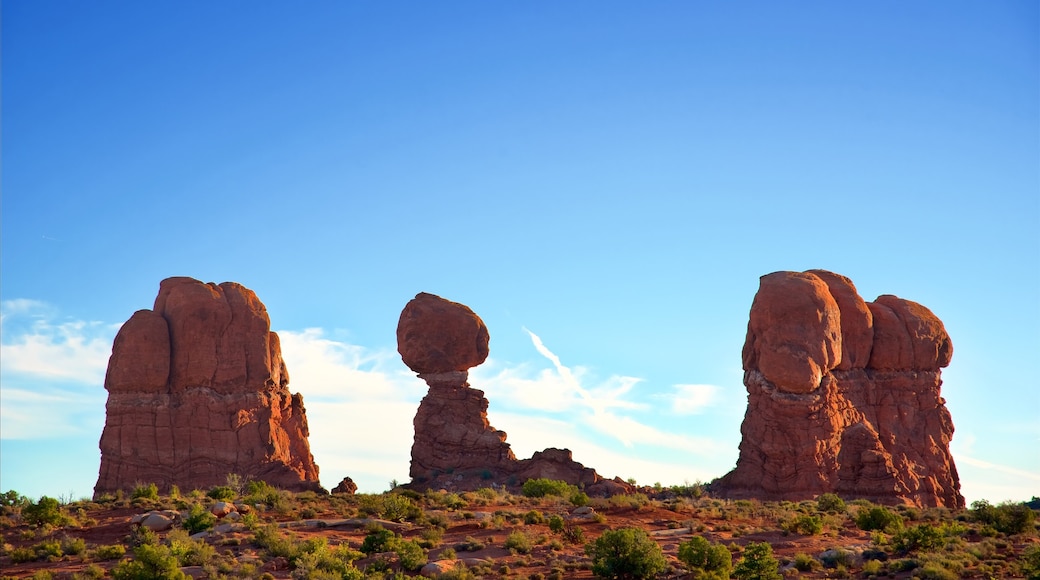 Arches National Park mostrando paisagens do deserto, um desfiladeiro ou canyon e cenas tranquilas
