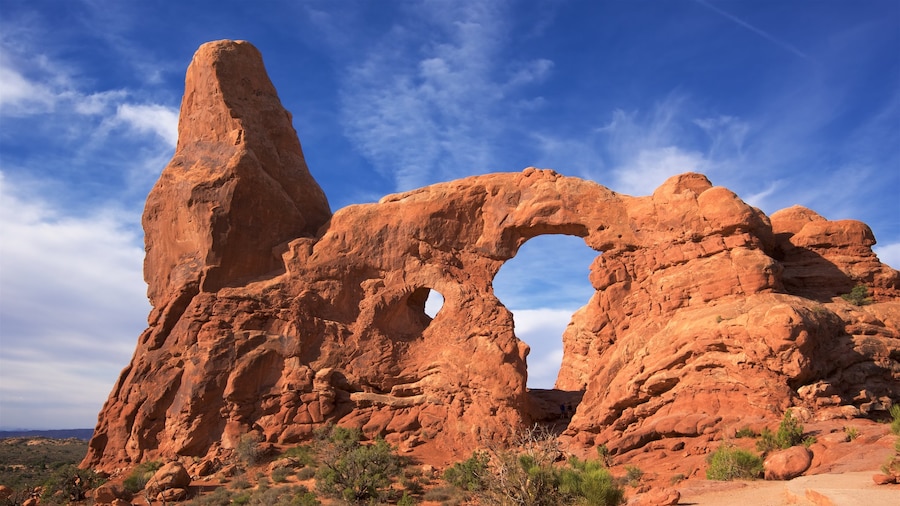 Arches Nationalpark som viser udsigt over ørkenen, en kløft eller slugt og fredfyldte omgivelser