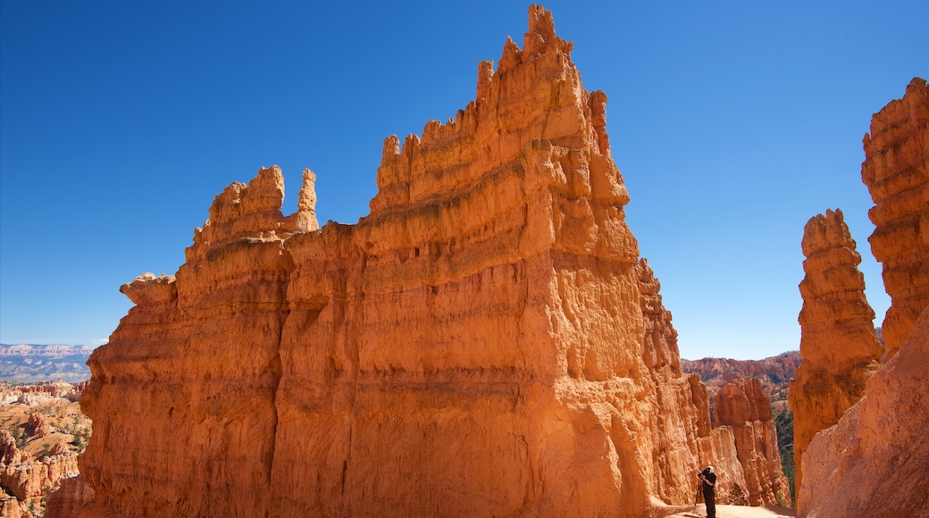 Parque Nacional de Bryce Canyon que inclui um desfiladeiro ou canyon, cenas tranquilas e paisagens do deserto