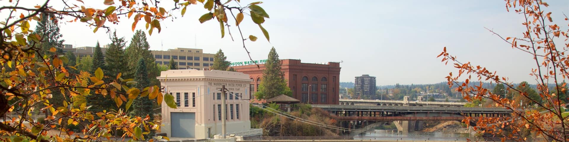 Riverfront Park showing a river or creek, heritage architecture and a bridge