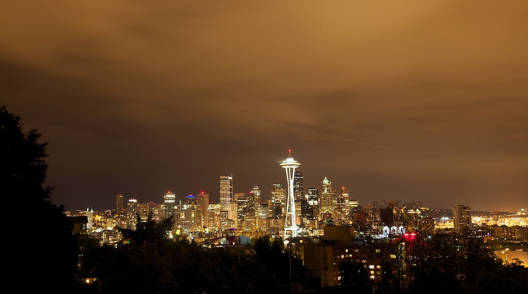 Puget Sound which includes a city, night scenes and skyline