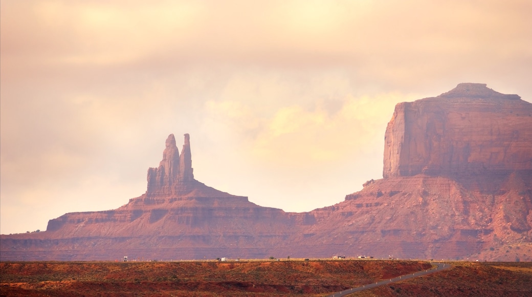 Monument Valley showing desert views, a gorge or canyon and tranquil scenes