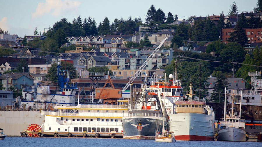 South Lake Union which includes a bay or harbor, a coastal town and boating