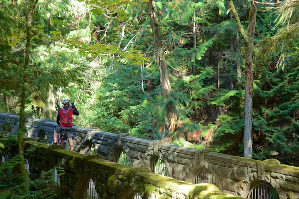 Whatcom Falls Park mettant en vedette VTT, pont et forêts