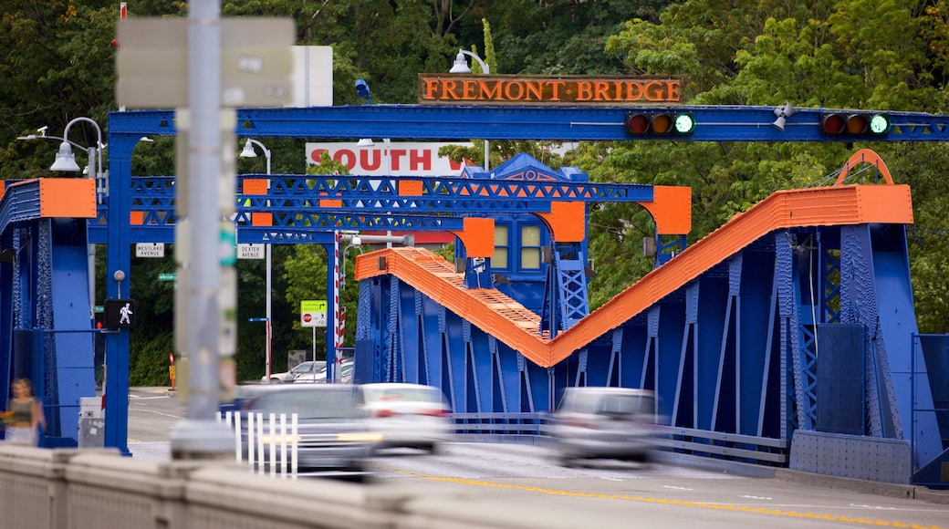 Fremont Bridge showing signage and a bridge