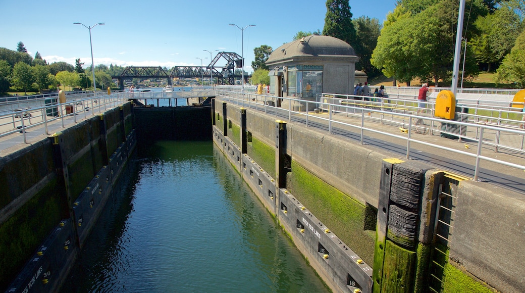 Hiram M. Chittenden Locks som omfatter bådsejlads, en bugt eller havn og en flod eller et vandløb