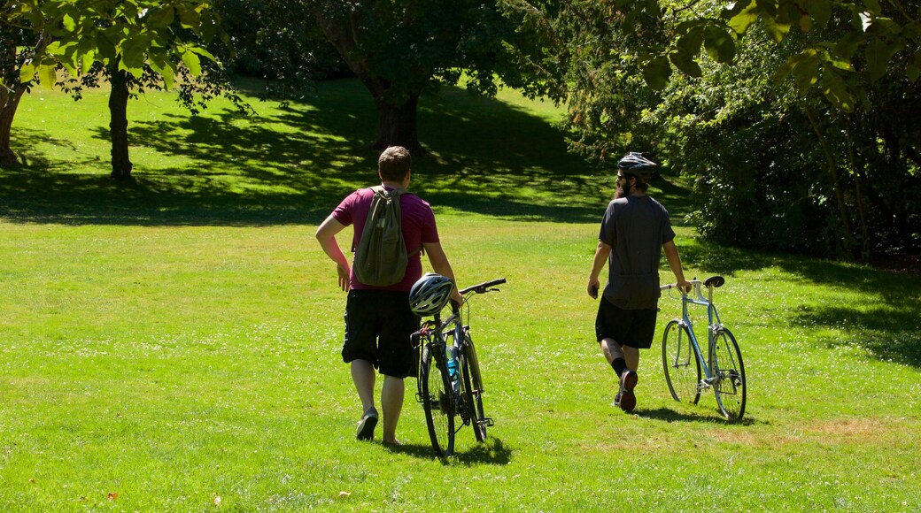 Hiram M. Chittenden Locks which includes cycling and a park as well as a small group of people