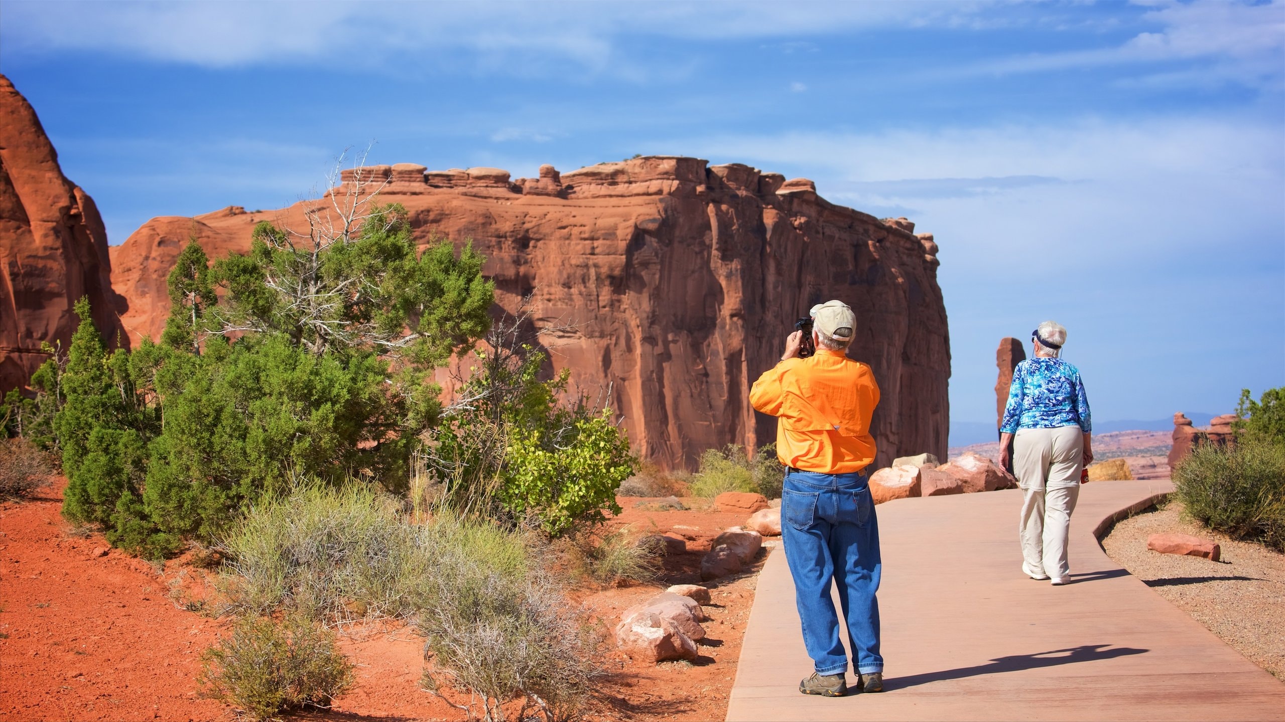 Park Avenue Trail que incluye vistas al desierto y un barranco o cañón y también una pareja