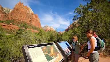 Court of the Patriarchs Viewpoint which includes mountains, tranquil scenes and signage