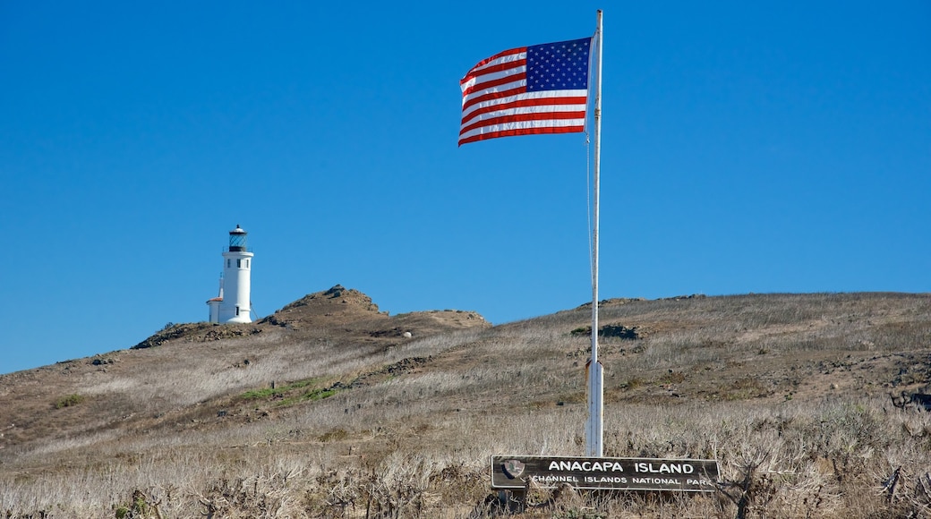 Channel Islands National Park featuring tranquil scenes, a lighthouse and signage