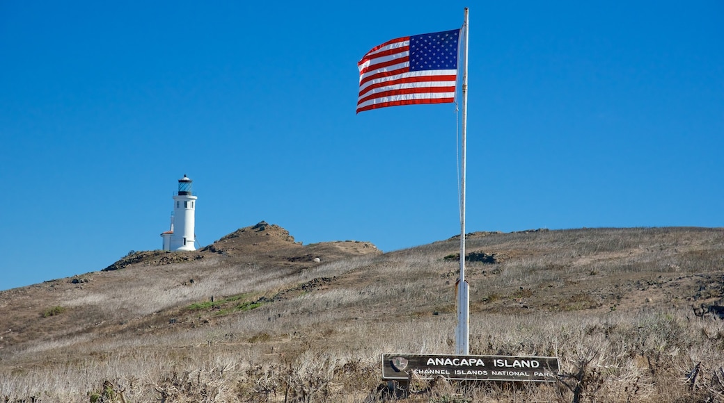 Channel Islands National Park which includes signage, tranquil scenes and a lighthouse