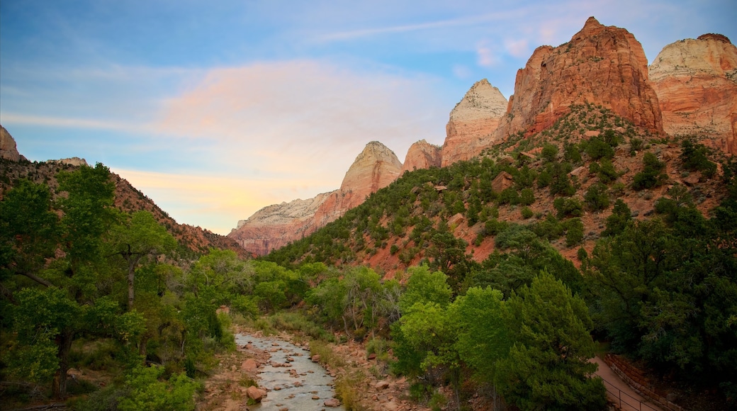 Parque Nacional Zion mostrando un cañón o garganta, situaciones tranquilas y montañas