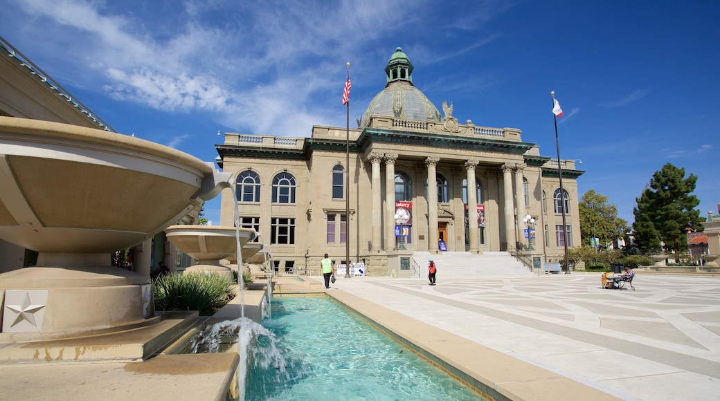 Redwood City which includes heritage architecture, a fountain and an administrative building