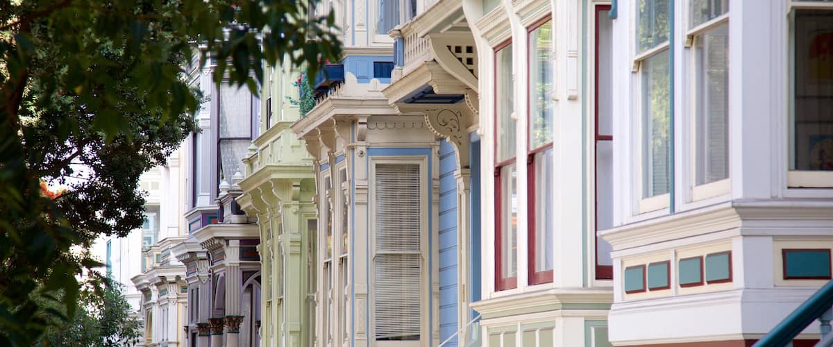 Alamo Square showing heritage architecture, a house and a coastal town