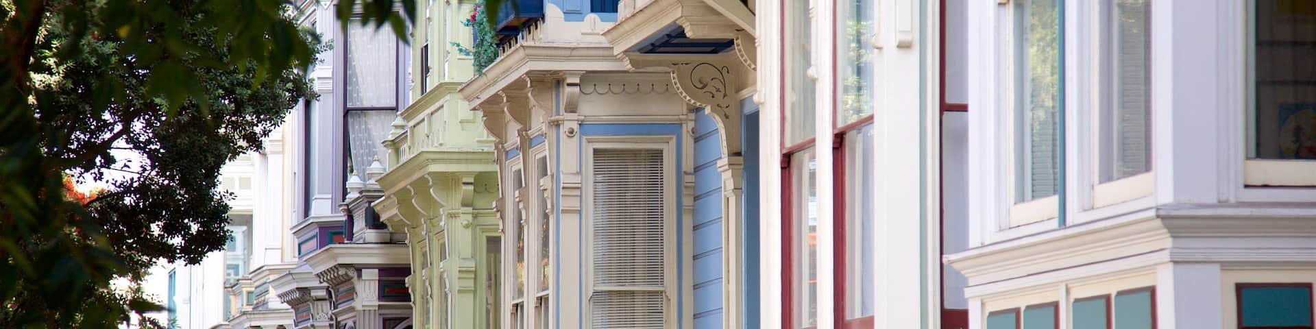 Alamo Square showing heritage architecture, a house and a coastal town