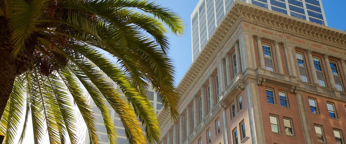 Embarcadero showing central business district and a city