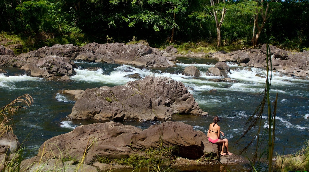 Rainbow Falls featuring rapids and a river or creek as well as an individual femail