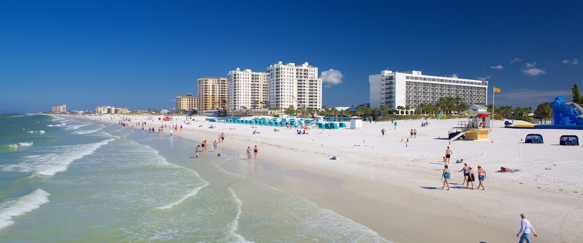 Clearwater Beach showing a coastal town and a sandy beach