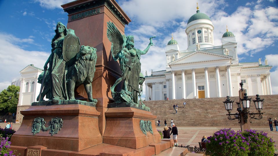 Senate Square which includes a church or cathedral, a monument and a statue or sculpture