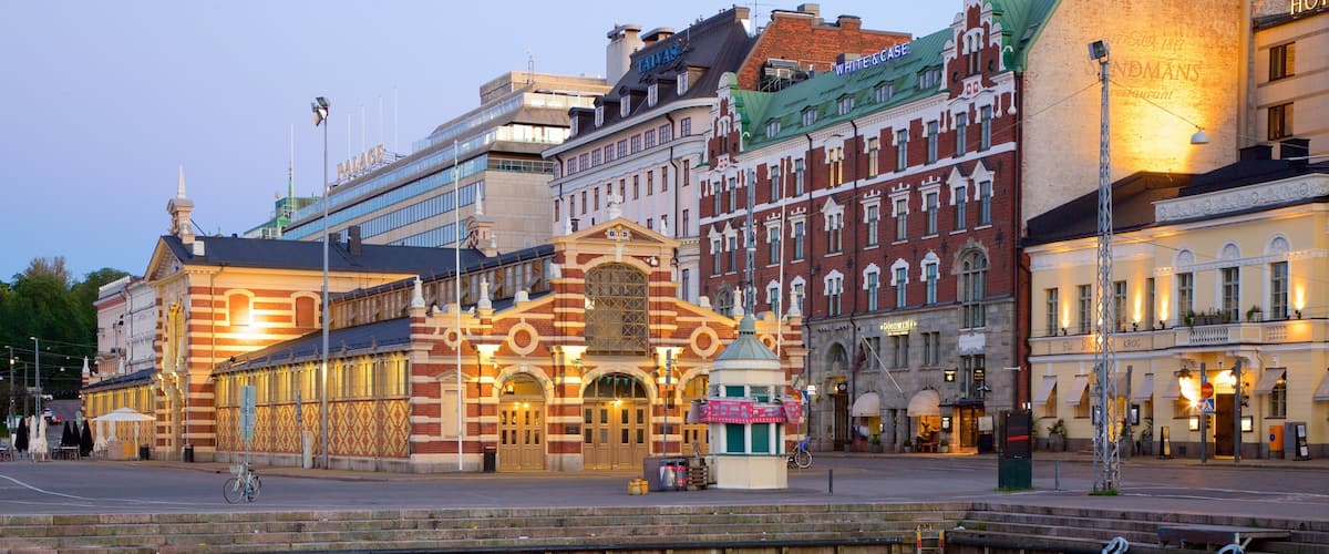 Helsinki which includes night scenes and heritage architecture