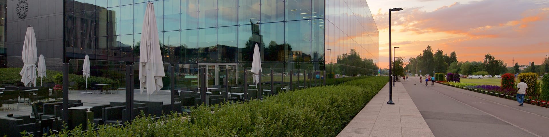 Helsinki showing a sunset and modern architecture