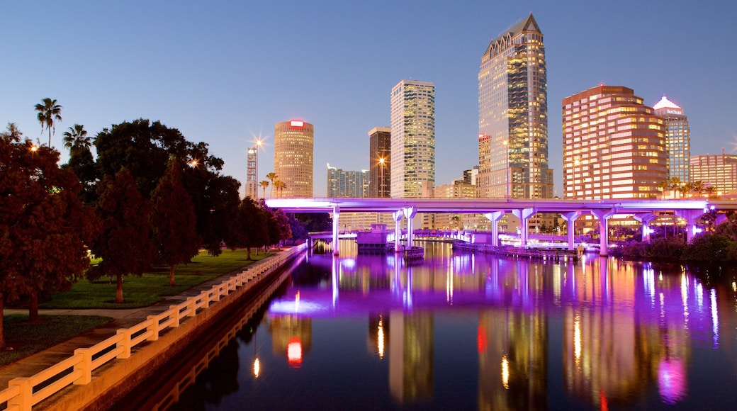 Tampa Bay showing night scenes, skyline and a river or creek