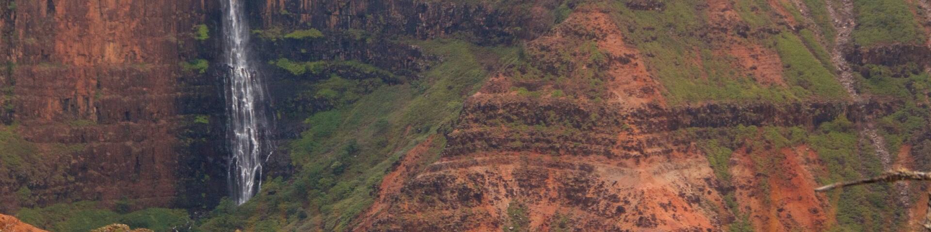 Waimea Canyon featuring a waterfall and a gorge or canyon