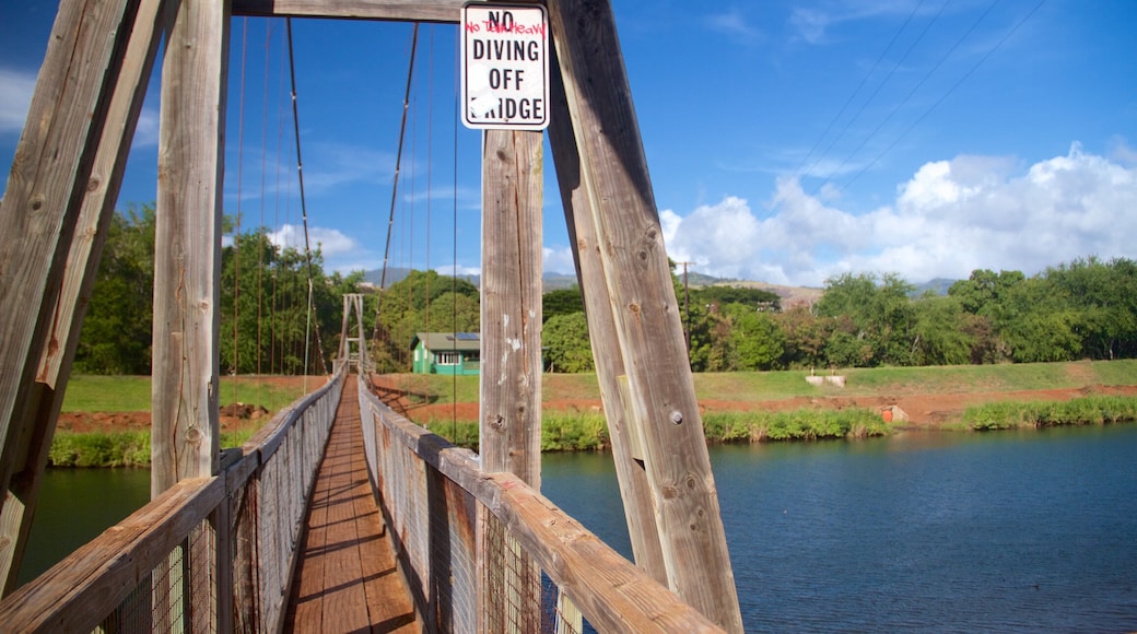 Puente Colgante ofreciendo un lago o espejo de agua y un puente colgante o una pasarela