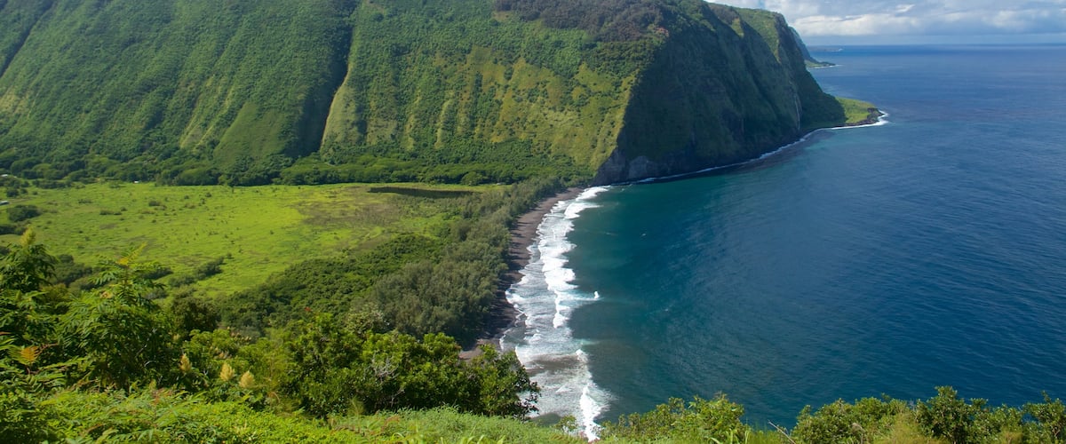 Mirador del valle de Waipio que incluye montañas y vistas de una costa