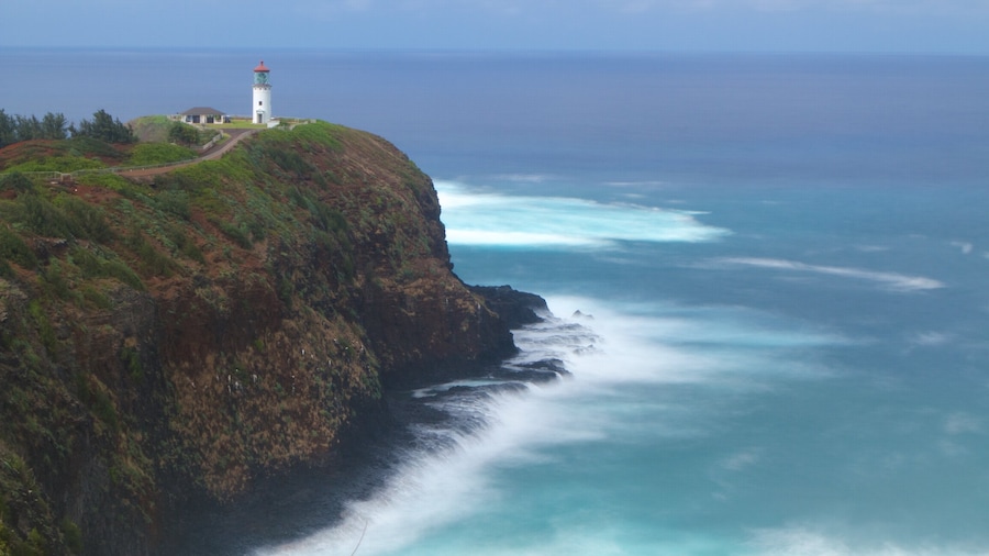 Kilauea Lighthouse featuring a lighthouse, general coastal views and a gorge or canyon